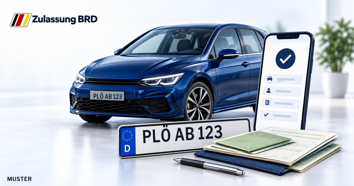 Online Fahrzeugzulassung in Schwentinental: Musterkennzeichen PLÖ AB 123, Auto und Fahrzeugpapiere und Smartphone. Illustration mit Logo von Zulassung BRD.